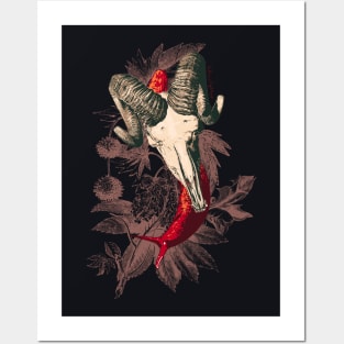 Enigmatic Escargots: Spooky Art Print Featuring Red Snail Donning Ram Skull Shell Posters and Art